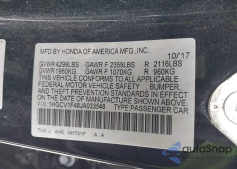 2018 Honda Accord Ex из США, поврежденный, VIN 1HGCV1F48JA033548